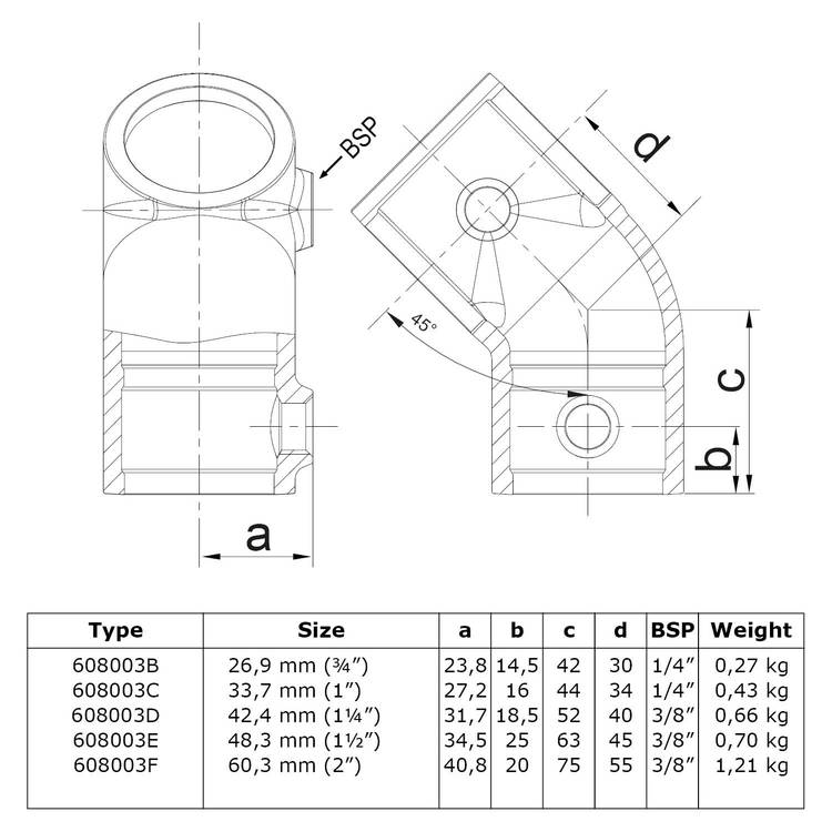 Buiskoppeling Kort T-stuk 45°-F / 60,3 mm